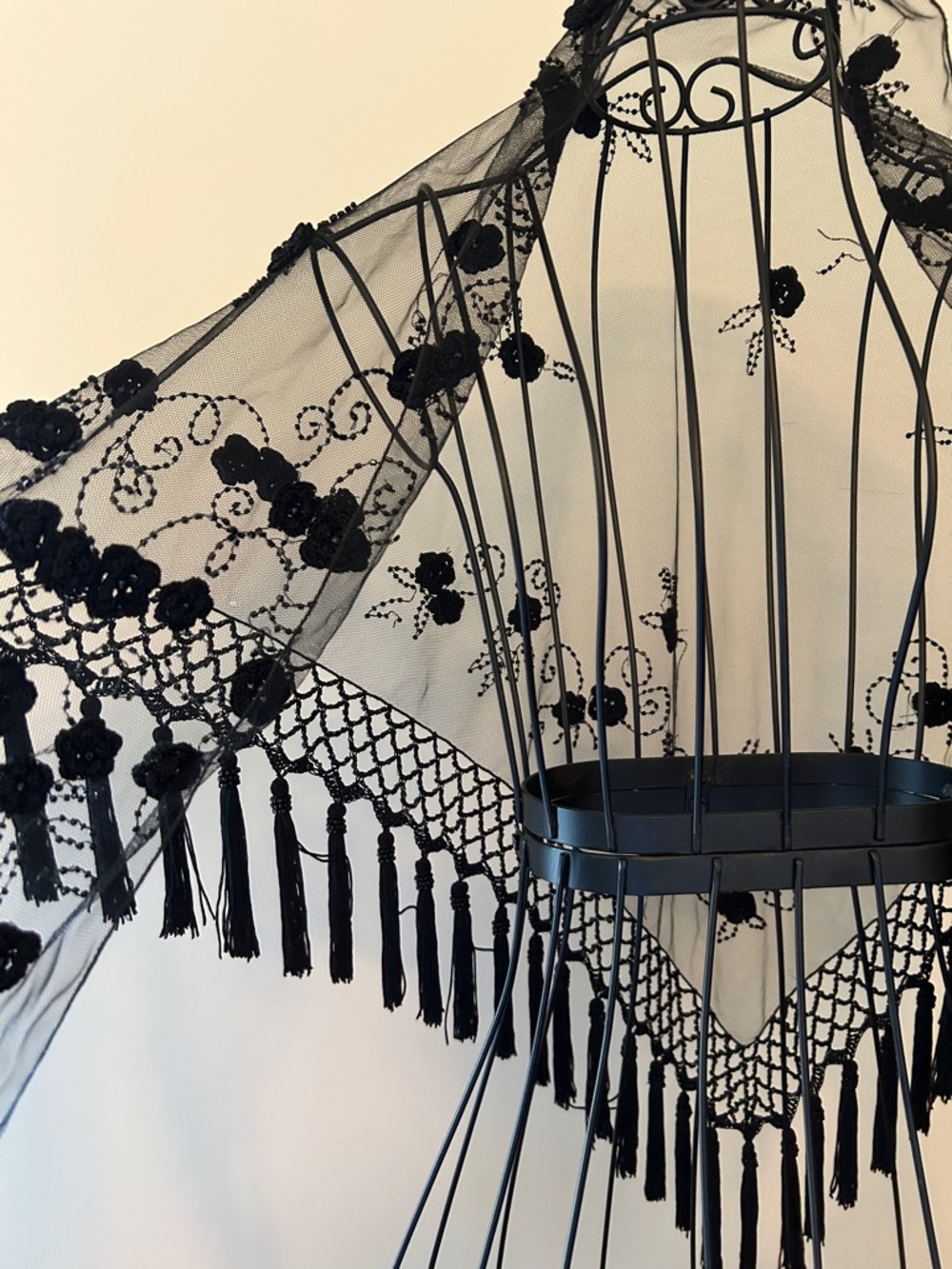 Black Lace Fringe Wrap Shawl - Elegant Evening Scarf - Picture 7 of 15